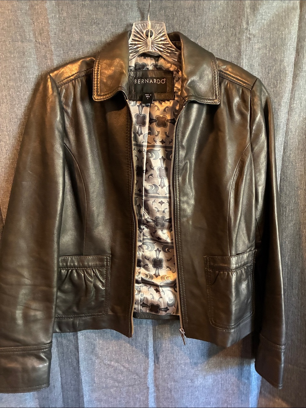 Bernardo Black Leather Jacket with Patterned Lining